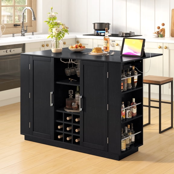 47.2" White Kitchen Island with Drop Leaf, Power Outlet, Wine Rack & Glass Holder, 2-Door Buffet Sideboard with Side Shelves, Melamine MDF