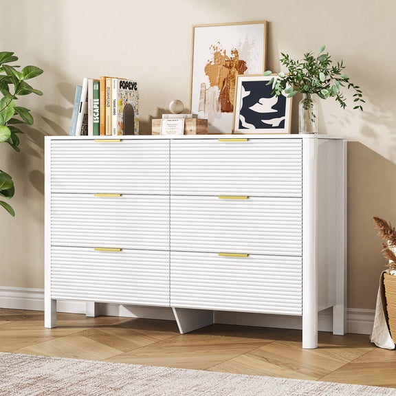 47.2" White Wave Fluted 6 Drawer Dresser with Gold Handles, Modern Storage Chest for Bedroom & Entryway