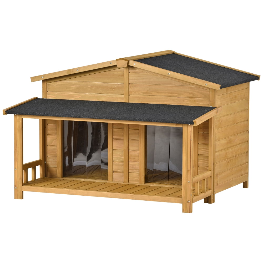 47.2" Wood Dog House with Porch 2 Doors Asphalt Roof Elevated Floor