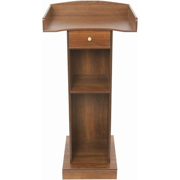 47.2" Wooden Podium Stand with Storage Shelves and Drawer, Floor Standing Lectern Presentation Pulpit, Conference Speaking Desk for Churches Schools Offices Seminars (Brown)