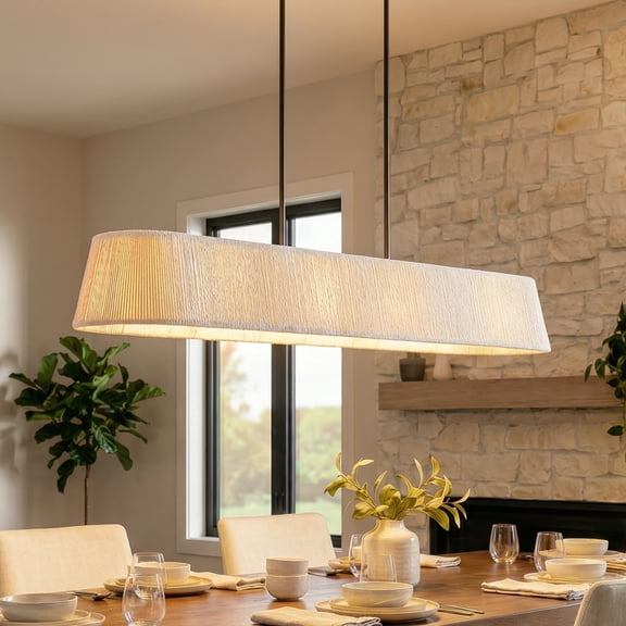 47.2 in 5-Light Linear Chandelier, Natural Woven Rope Shade with Black Metal Frame, Adjustable Height, E26 Base for Kitchen Island Dining Room