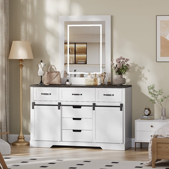 47.2 in Farmhouse Buffet Cabinet, Sideboard Cabinet with LED Mirror, White Coffee Bar with 6 Drawers for Dinning Room, Kitchen, Living Room