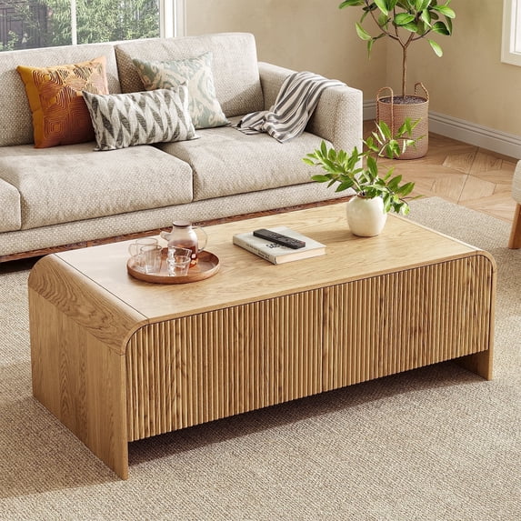 47.2 in Mid-Century Modern Coffee Table, Fluted Accent with Large Storage Drawer,Natural
