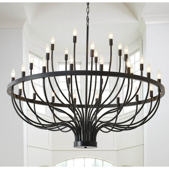 47.2-inch 33-Light Black Wagon Wheel Chandelier, 3-Tier Adjustable Farmhouse Ceiling Light for Dining Room, Foyer, Living Room, Kitchen Island