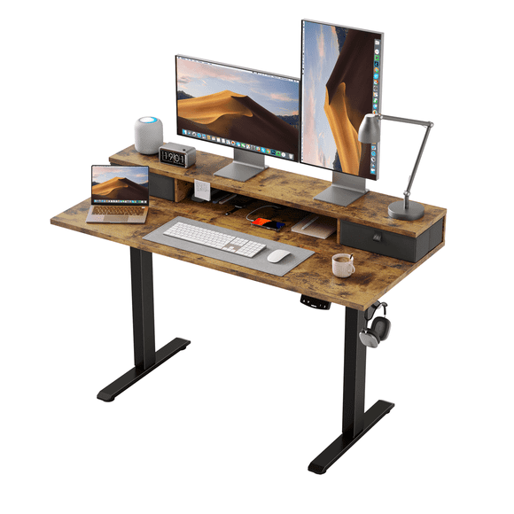 47.2 inch Electric Standing Desk with 2 Drawers, Height Adjustable Sit-Stand Desk with 2 Memory Keys and Hooks, Ergonomic Computer Table for Home Office, Rustic Brown