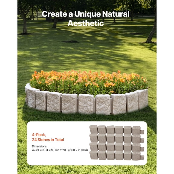 47.2 x 9 Inch Beige Faux Stone Flexible Garden Landscape Edging, Brick Style Lawn Border with Anchoring Spikes Fade Resistant for Driveway Walkway