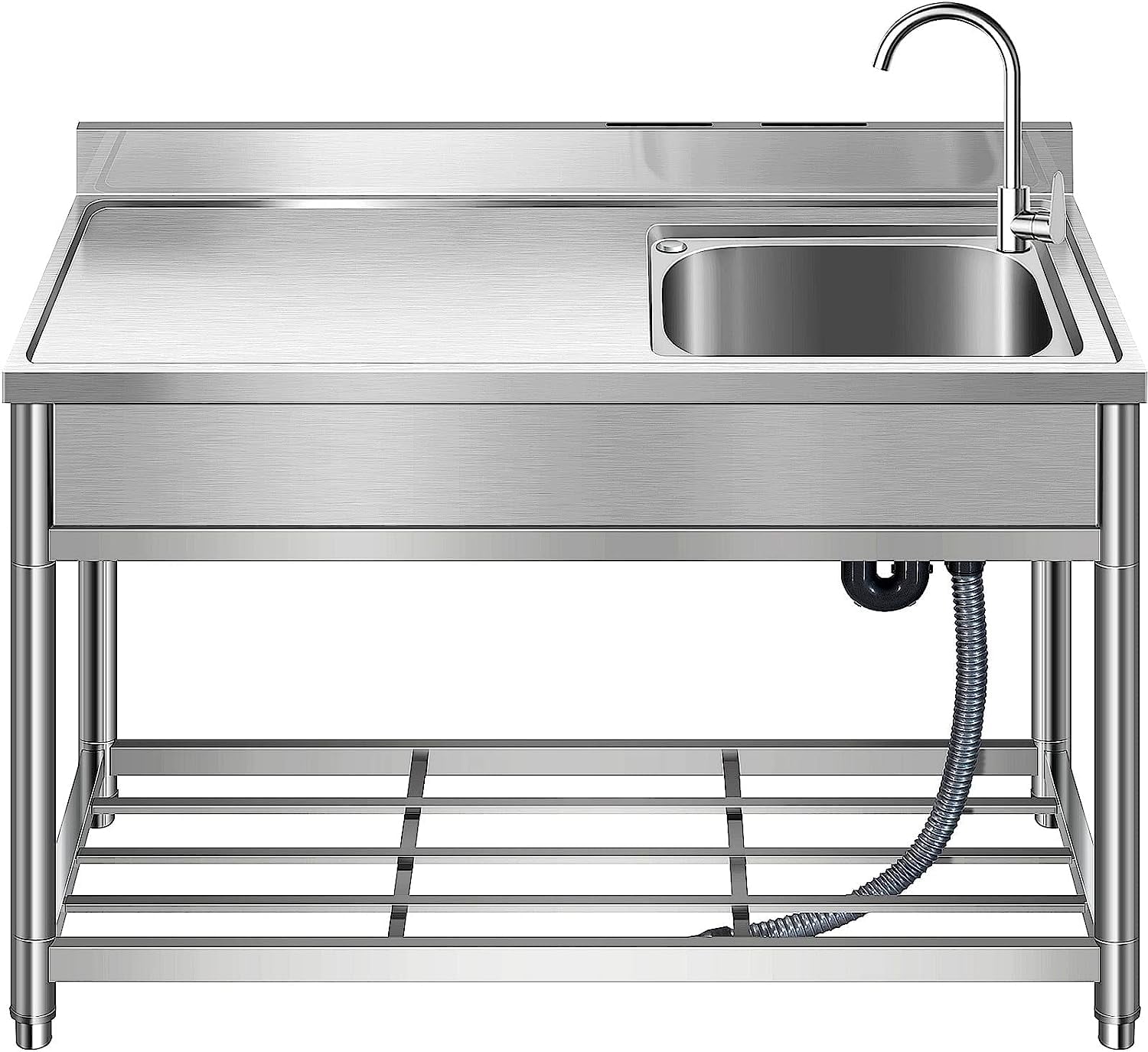 47*20*37 inch Free Standing Stainless-Steel Single Bowl Commercial Restaurant Kitchen Sink Set w/Faucet & Drainboard, Prep & Utility Washing Hand Basin w/Workbench & Storage Shelves