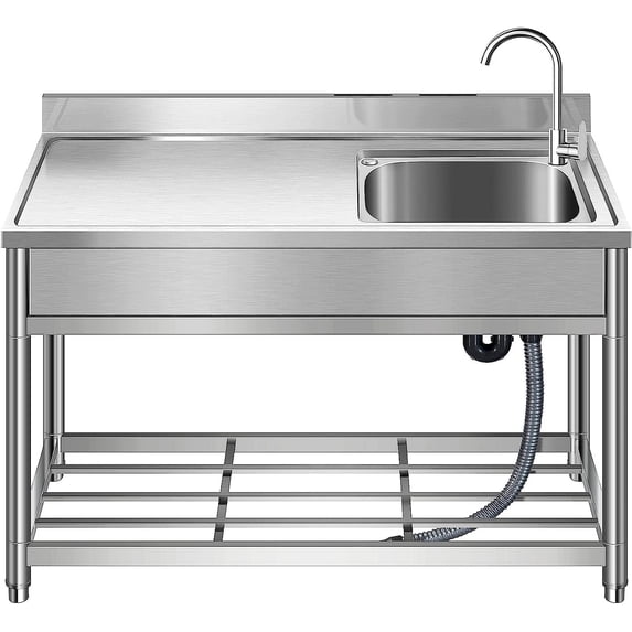 47*20*37 inch Free Standing Stainless-Steel Single Bowl Commercial Restaurant Kitchen Sink Set w/Faucet & Drainboard, Prep & Utility Washing Hand Basin w/Workbench & Storage Shelves