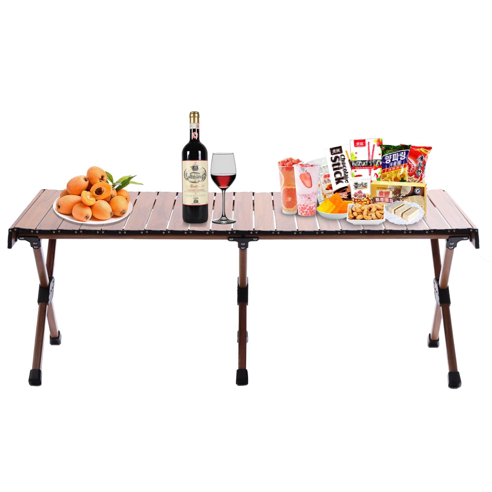 47*23.6" Wood Folding Camping Table, Aluminum Frame Portable RollUp
