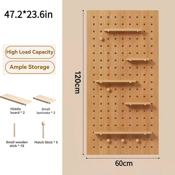 47" × 23" Pegboard Wall Organizer, Solid Wood Wall Mounted Storage Panel With Shelves & Hooks For Home Kitchen Garage, Storage Racks