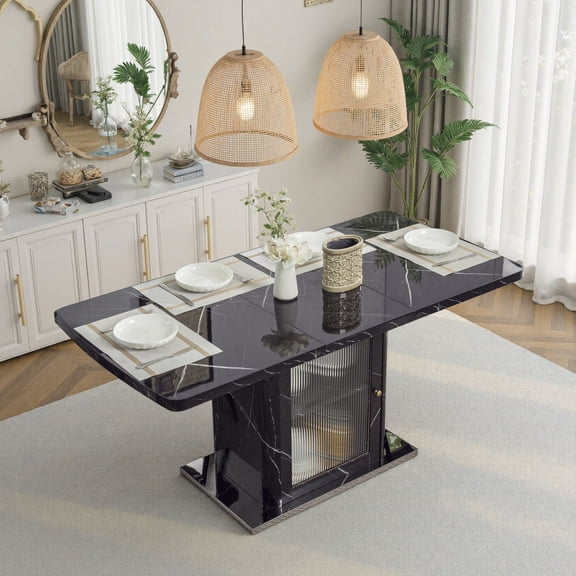 47.24"-63"Modern Rectangle Dining Table, Stretchable, with Printed White Marble Table Top+Storage Cabinet Table Leg with Metal Base