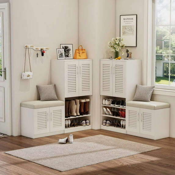 47.24" Ancient White Shoe Storage Cabinet Bench (7+3 Compartments, Adjustable Panels – Louvered Doors, Cushioned Seat, Anti-Rollover Kit for Entryway/Mudroom)