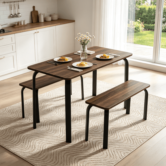 47.24" Dining Table Set for 4,Rectangular Kitchen Table with 2 Benches,Suitable for Restaurant & Living Room