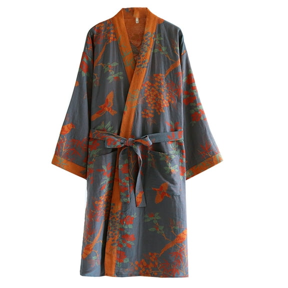 Cotton Double Gauze Traditional Hanfu Midi-length Nightdress Printing Tie-belt Bathrobe Loose Pajamas Comfortable Nightgown Sweat Steaming Yukata Sauna Suit Sleepwear Kimono for Women Large(Grey)