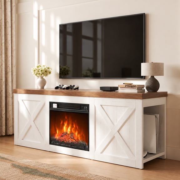 HOMRELEXA Farmhouse Fireplace TV Stand for TVs up to 55", Electric Fireplace Entertainment Center with 6 Flame Effects, 5-Level Flame Brightness, Adjustable Temperature, 1–8 Hour Timer, White