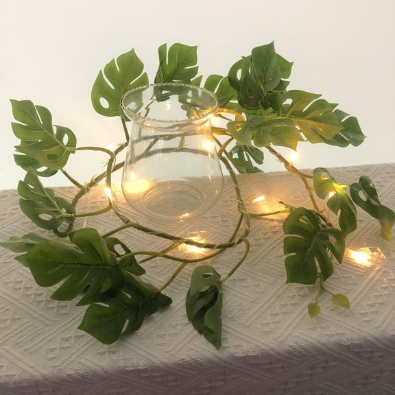 47.24 Inch Artificial Tropical Palm Leaves Greenery Vines with 2m 20LEDs Fairy Lights for Hawaiian Jungle Safari Luau Party Decoration