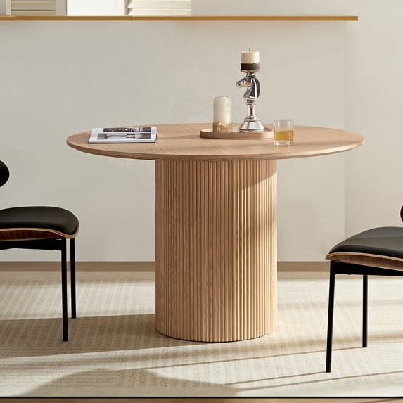 47.24 Inch Leisure Coffee Table, Mid-Century Round Bedside Table, Round Fluted Side Table with MDF Handcraft Pedestal, Modern Wooden Table for Dining Room/Living Room/Restaurant, Oak