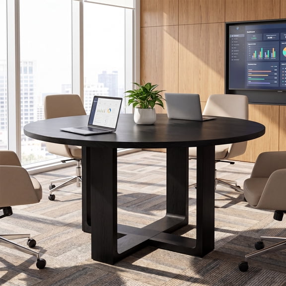 47.24-Inch Round Conference Table Solid Wood Meeting Table with Cross Base for 46 People, Modern Office & Home Workspace Table, Black
