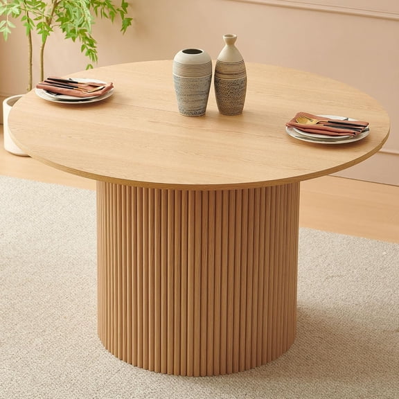 47.24-Inch Round Dining Table Fluted for 4-6 People, Modern Mid-Century Circle Kitchen Table with Two-Part Tabletop & Engineered Wood Stripe Columns Base, Oak Wood Veneer Tabletop, Metal Frame