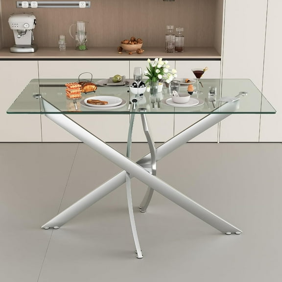 47.24 Inch Tempered Glass Dining Table, Rectangular Modern Kitchen Table for 4 People, Sturdy X-Shaped Metal Legs Dinner Table for Dining Room & Kitchen (Silver)