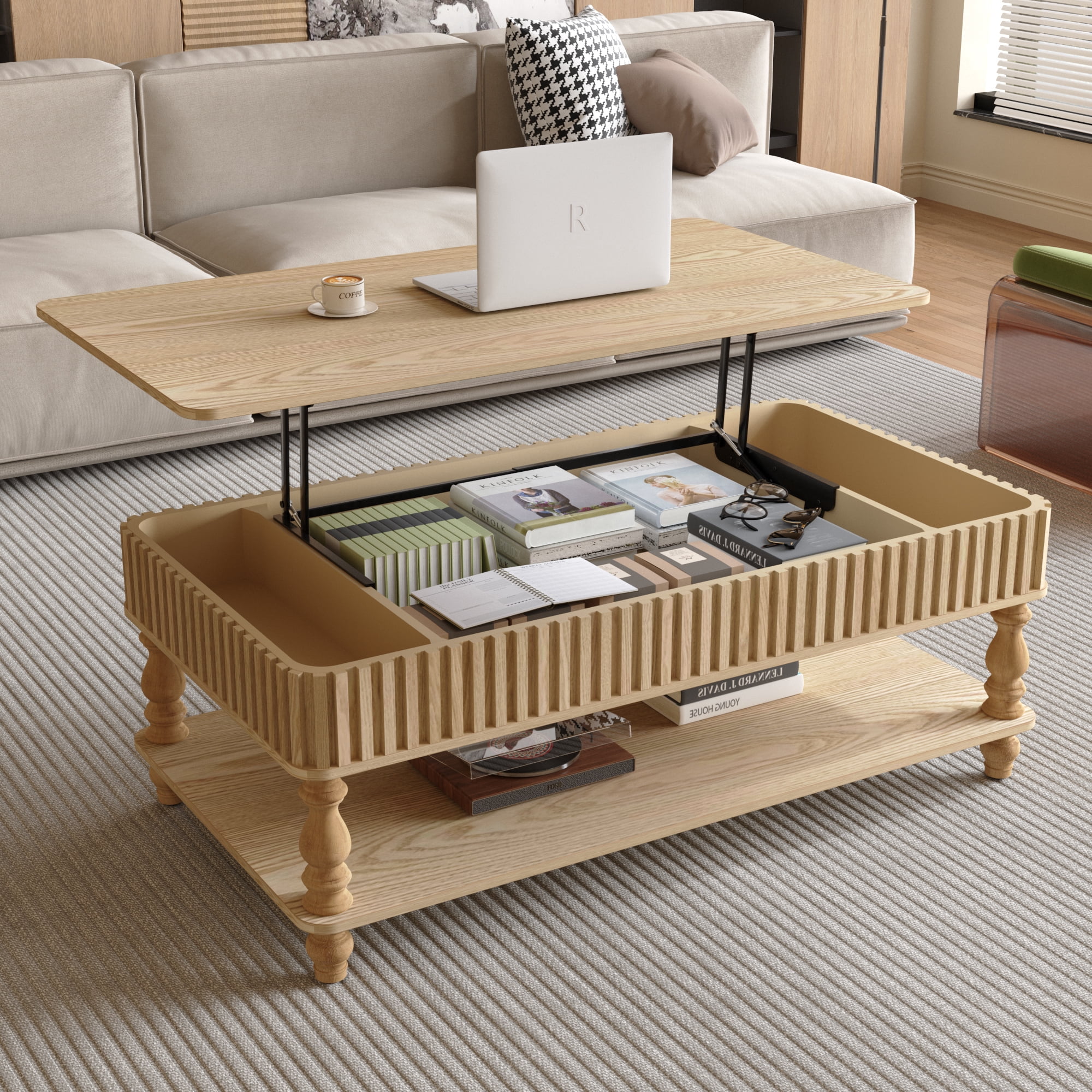 47.24" Lift Top Coffee Table with Hidden Storage and Open Shelf, Solid Wood Center Table with Fluted Design & Roman Column Legs, Tool-Free Assembly for Living Room, Vintage NaturalWood