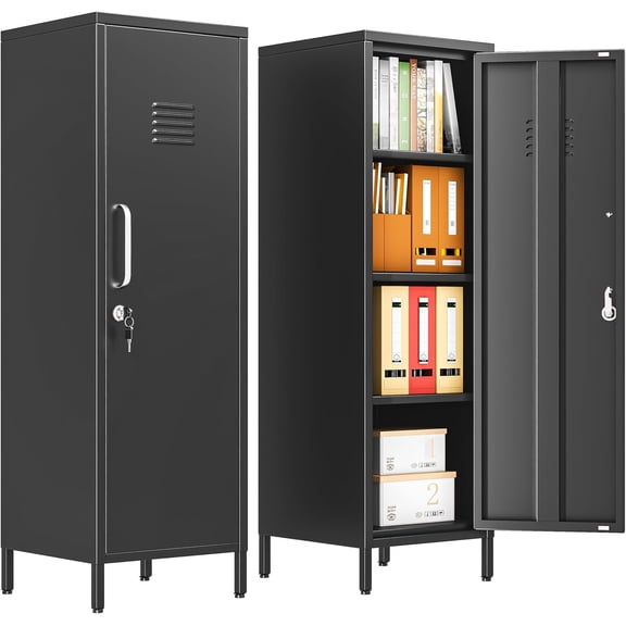 47.24" Metal Storage Locker with Lockable, Employees Metal Steel Locker with 1 Door & 3 Adjustable Shelves, Small Locker Storage Cabinets for Home, School, Office, Gym (Black)