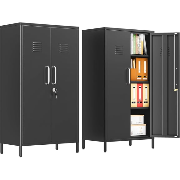 47.24" Metal Storage Locker with Lockable, Employees Metal Steel Locker with 2 Door ＆ 3 Adjustable Shelves, Small Locker Storage Cabinets for Home, School, Office, Gym (Black)