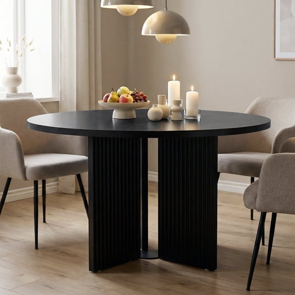 47.24" Mid-Century Modern Round Dining Table with Fluted 4 Legs Base, Black Wood Texture