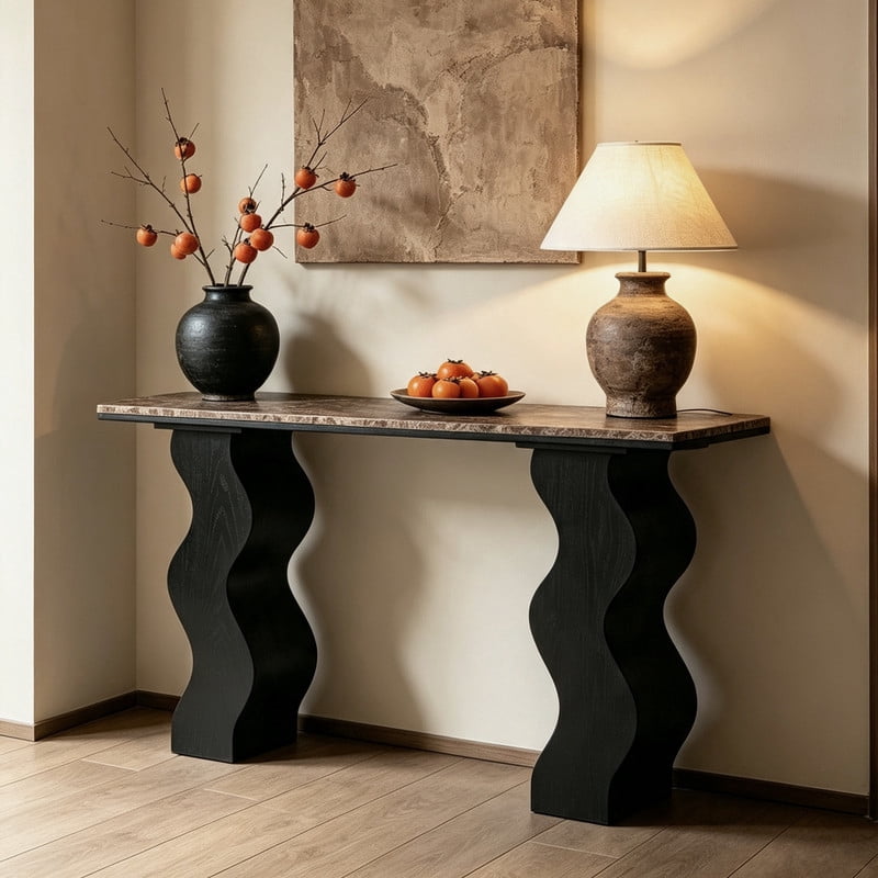 47.24" Modern Console Table, Accent Sofa Side Table with Two Wavy Legs, Entryway Display Table with Faux Marble Top