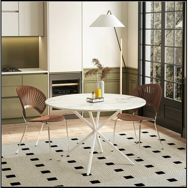 47.24'' Modern Cross Leg Round Dining Table, White Marble Top Occasional Table, Two Piece Removable Top, Matte Finish Iron Legs