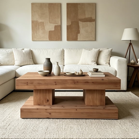 47.24" Natural Solid Wood Coffee Table, Thick Top Double Pillar Base - Rustic Style