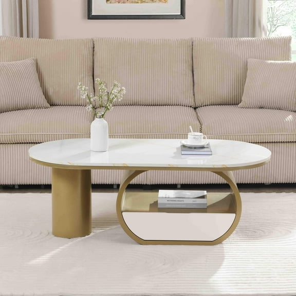 47.24" Oval Coffee Table with Storage - Gold & White Faux Marble Top Living Room Table