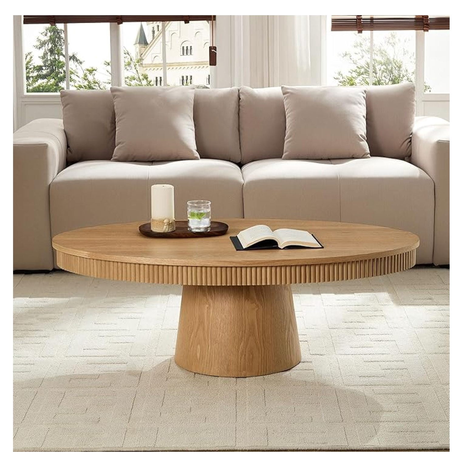 47.24" Oval Fluted Coffee Table for Living Room, Wood Drum Pedestal ...