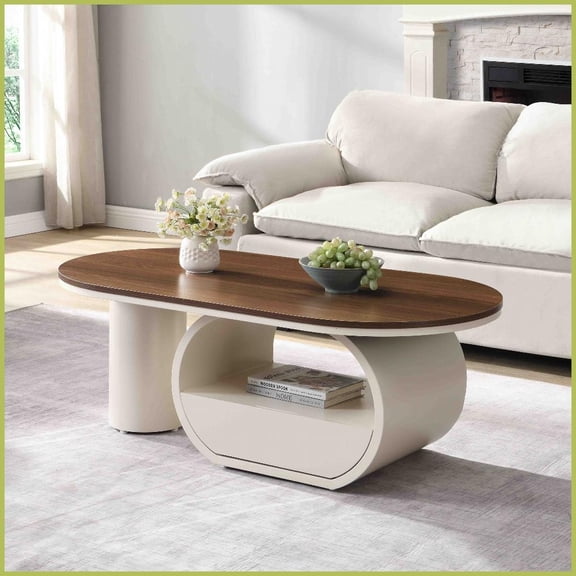 47.24'' Oval White Metal Coffee Table for Living Room, Space-Saving Storage & Easy Assembly
