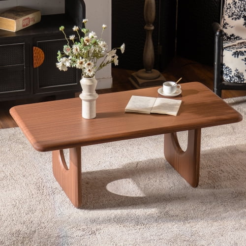 47.24" Rectangular Wood Coffee Table, Modern Mid-Century Cocktail Table with U-Shaped Pedestal Legs, Walnut Finish Low Center Table for Living Room, Home Office