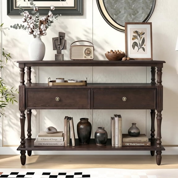BFJDM Mid-Century Console Table with 2 Drawers and 3-Tier Open Shelves Solid Wood Veneer Rubber Wood Legs for Entryway Living Room Walnut