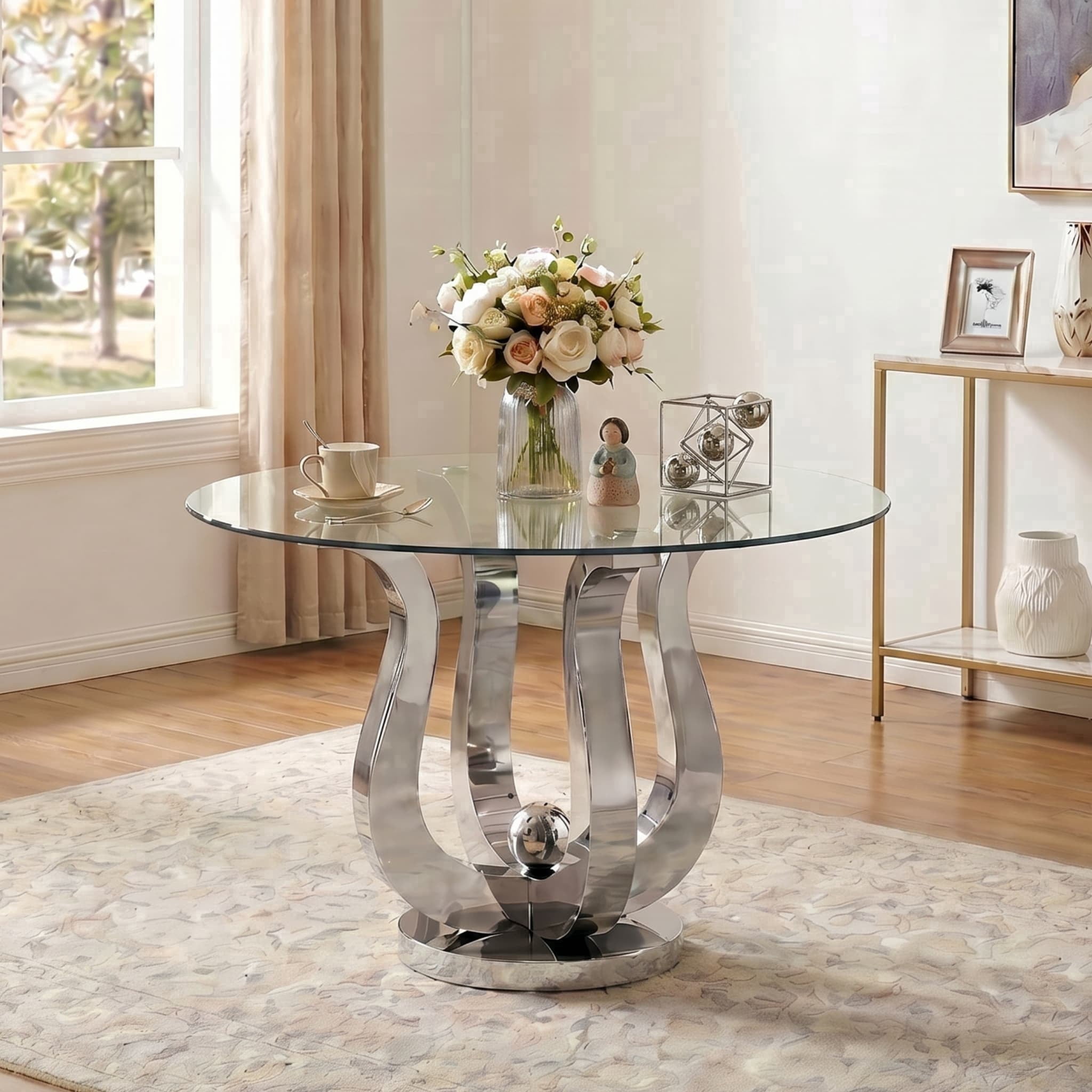 47.24" Round Dining Table, 0.39" Thick Tempered Glass Top, Flower-Shaped Stainless Steel Base, Modern Elegant Style for Kitchen, Living Room