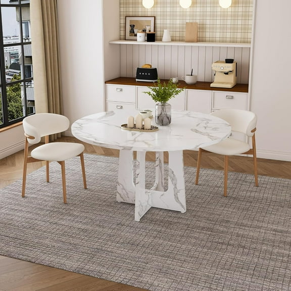 47.24" Round Dining Table for 4-6 People, Farmhouse MDF Table with Marble Finish, Modern Spliced Round Dining Table Easy Assembly for Kitchen/Dining Room, 300lb Capacity, White Marble