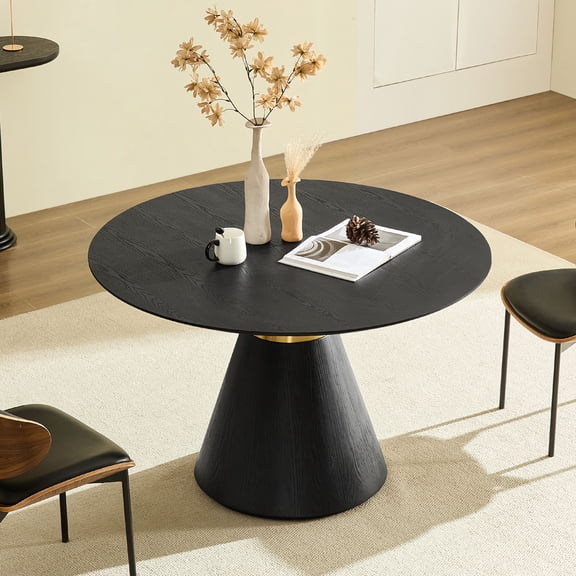 47.24'' Round Dining Table Modern Kitchen Table Black Pedestal Base with Gold Trim Ring, Stylish Glam Dining Room Furniture