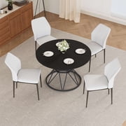 47.24" Round Dining Table Set for 4, 5 Piece Dining Room Table Set, Circle Kitchen Table and ChairsBlack Table + 4 White Faux Leather Chairs