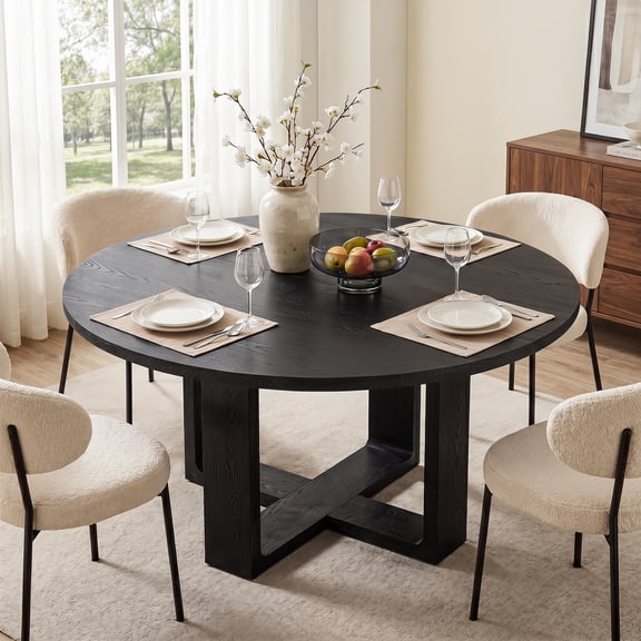 47.24" Round Dining Table for 4-6 People, Black Solid Wood Kitchen Table with Thick Wood Top and Cross Base for Dining Room, Breakfast Nook