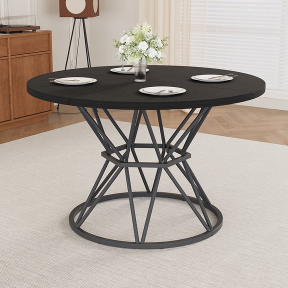 47.24" Round Dining Table for 4-6 People, Industrial Circle Kitchen Table With Metal Base For Dining Room, Living Room, Kitchen, Apartment, Black