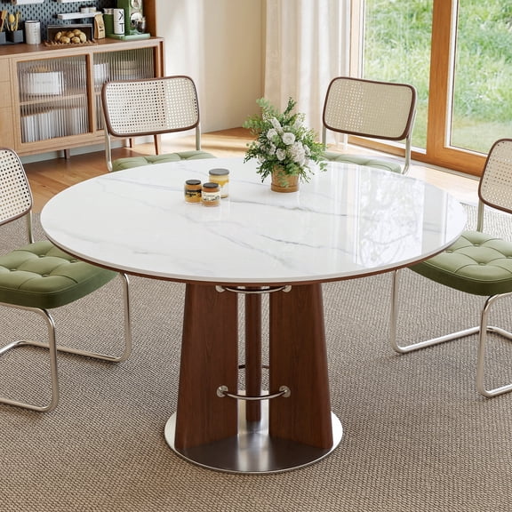 47.24" Round Mid-Century Dning Table, Sintered Stone Tabletop Kitchen Table with Wood Pedestal Base & Stainless Steel Base Plate