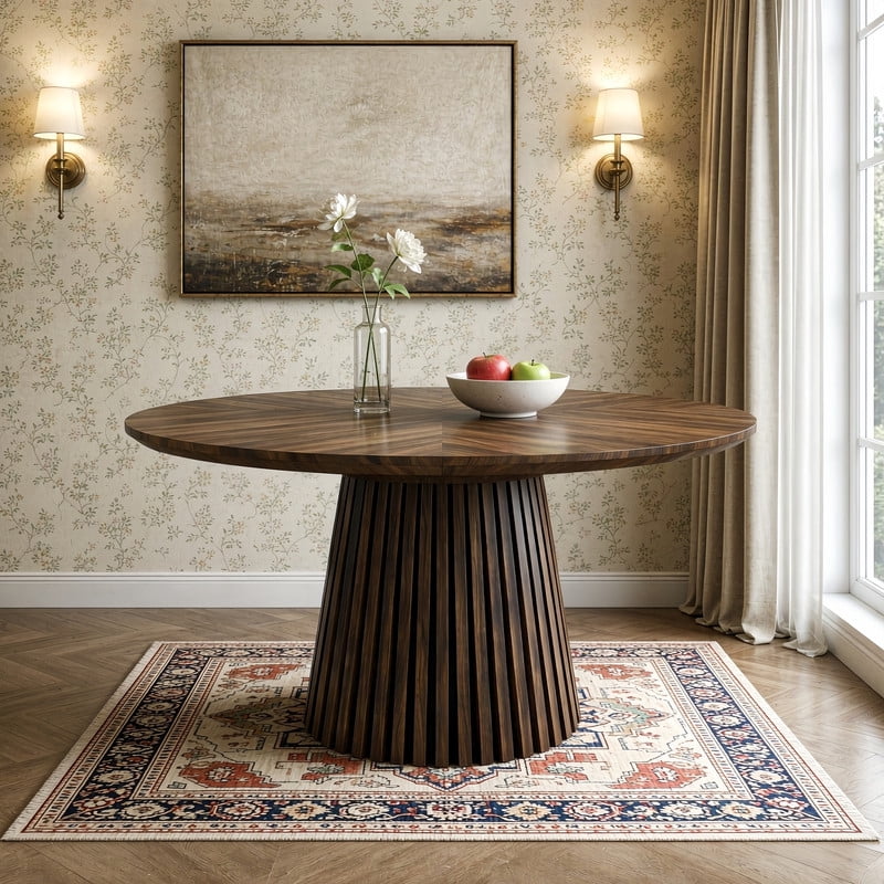 47.24'' Round Wooden Dining Table for 4, Accent Kitchen Dinner Table with Splicing Design Tabletop & Fluted Base