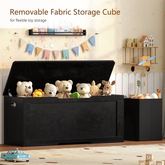 TEENFON Toy Storage Box , Toy Chest, Storage Chest, Lift Top Wooden Storage Chest, Toy Box, 47.24×15.75×19.49, Black