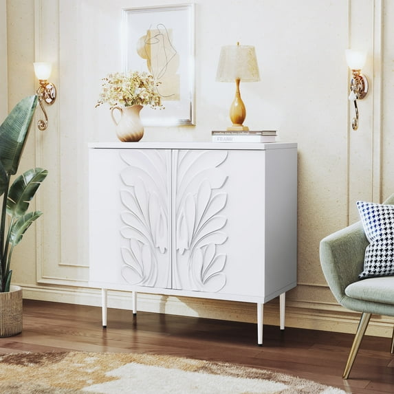47.24"W Modern 2-Door Credenza with 3D Floral Doors & Shelves, Storage Sideboard for Dining Room, Kitchen White