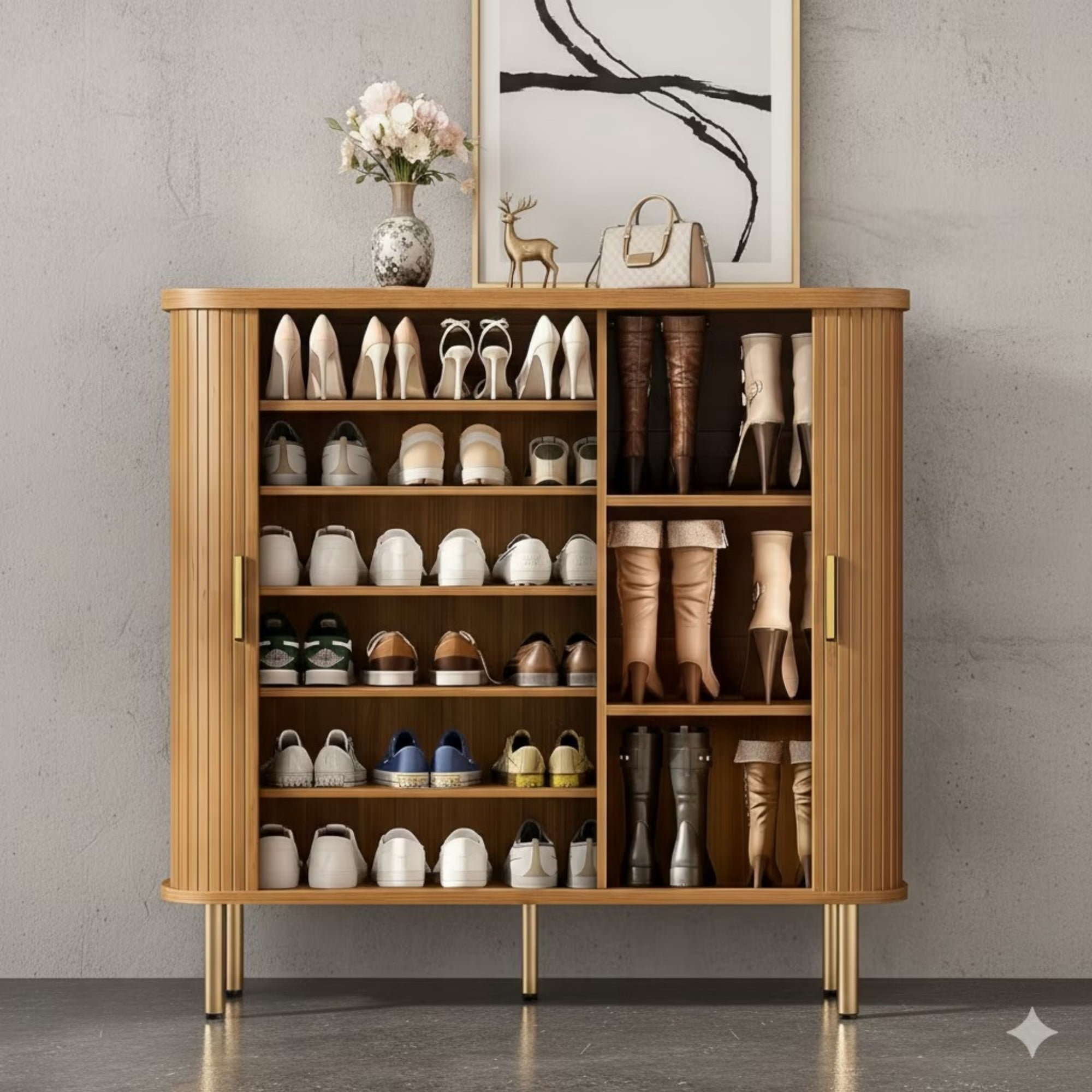 47.24"W Shoe Storage Cabinet with Sliding Door, 6 Tier Adjustable Shoe Rack, Mid Century Modern Entryway Organizer, Yellow