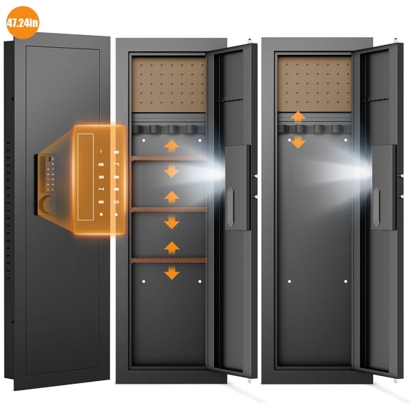 47.24" Wall Gun Safe, Digital Wall Safe Between the Studs with Dual Alarm Mute Mode, Hidden Wall Safe with Adjustable Shelve, Magnetic Support & Key Hook