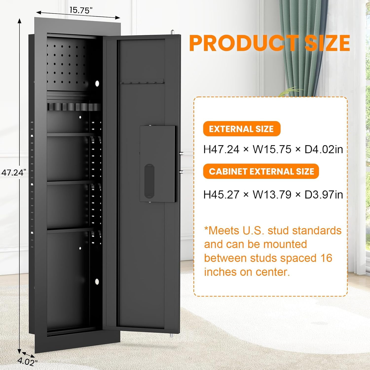 47.24" Wall Safe Between the Studs, Hidden Safe with Removable Pegboard, Wall Gun Safe with 3 Adjustable Shelves and Magnetic Slot (Black-Digital)