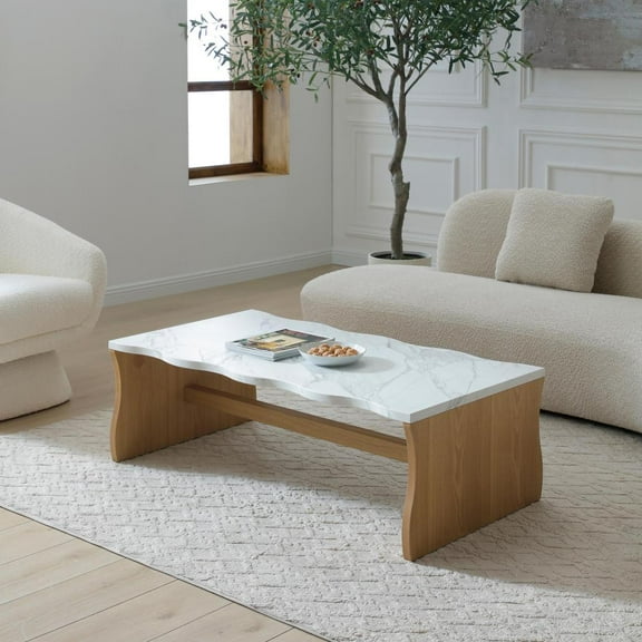 47.24" Whisper of Waves Modern Coffee Table, White Faux Marble Table Top w/ Solid Wood Veneered Base,  Organic Shape Accent Table, Cocktail Table for Living Room Apartment Office, Natural Wood